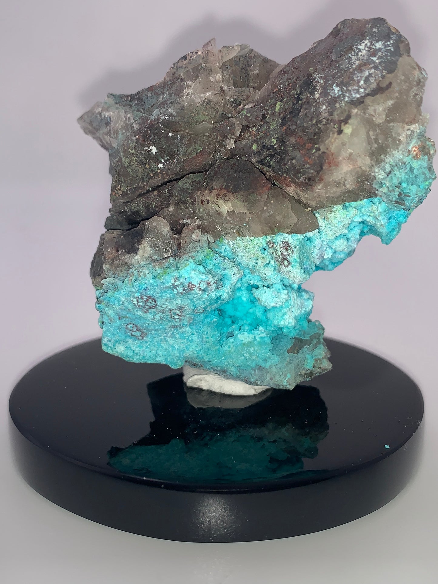 Shattuckite, Chrysacolla, and Quartz on obsidian base